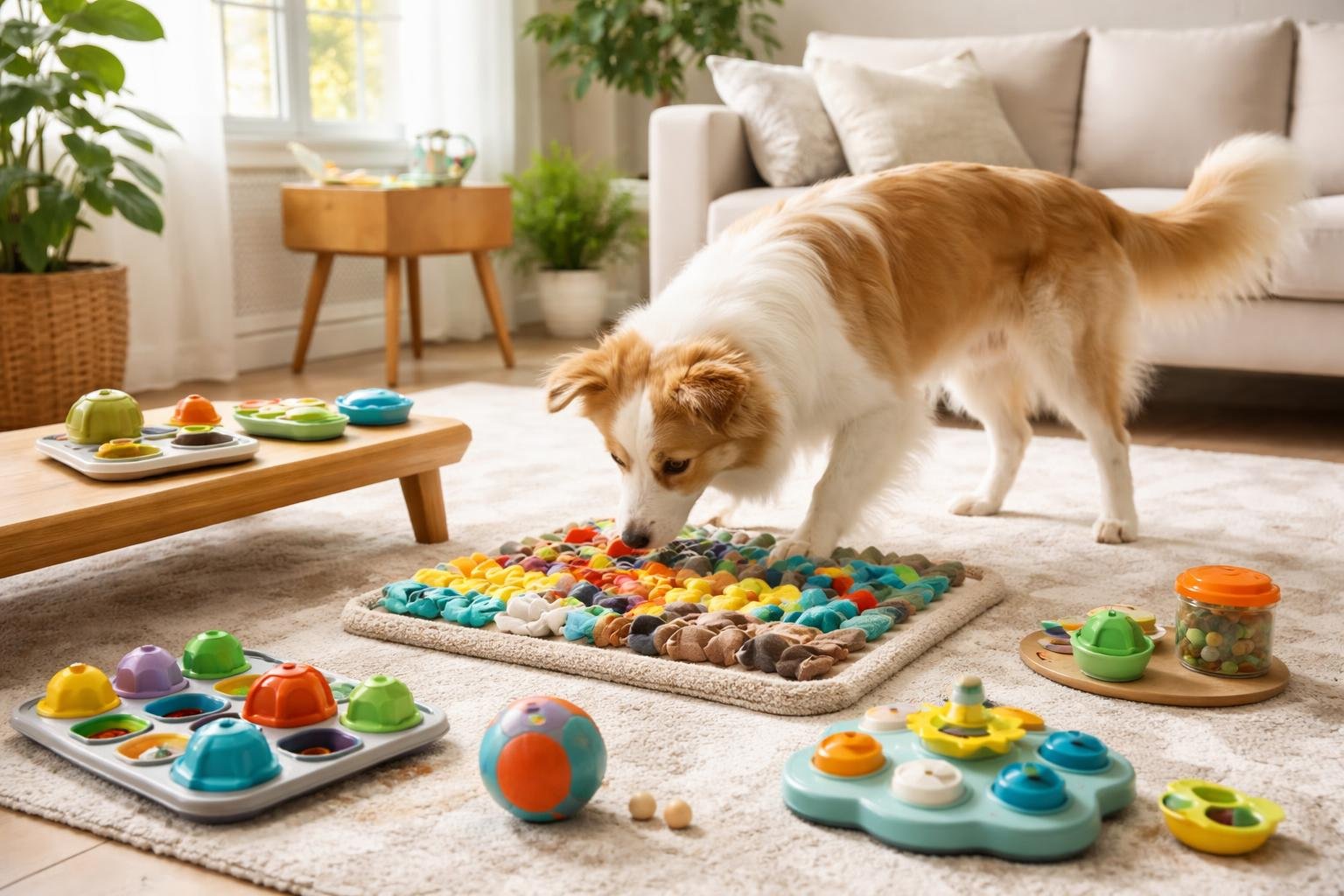 A dog sniffing and exploring scent-based toys and puzzles in a bright indoor living room.