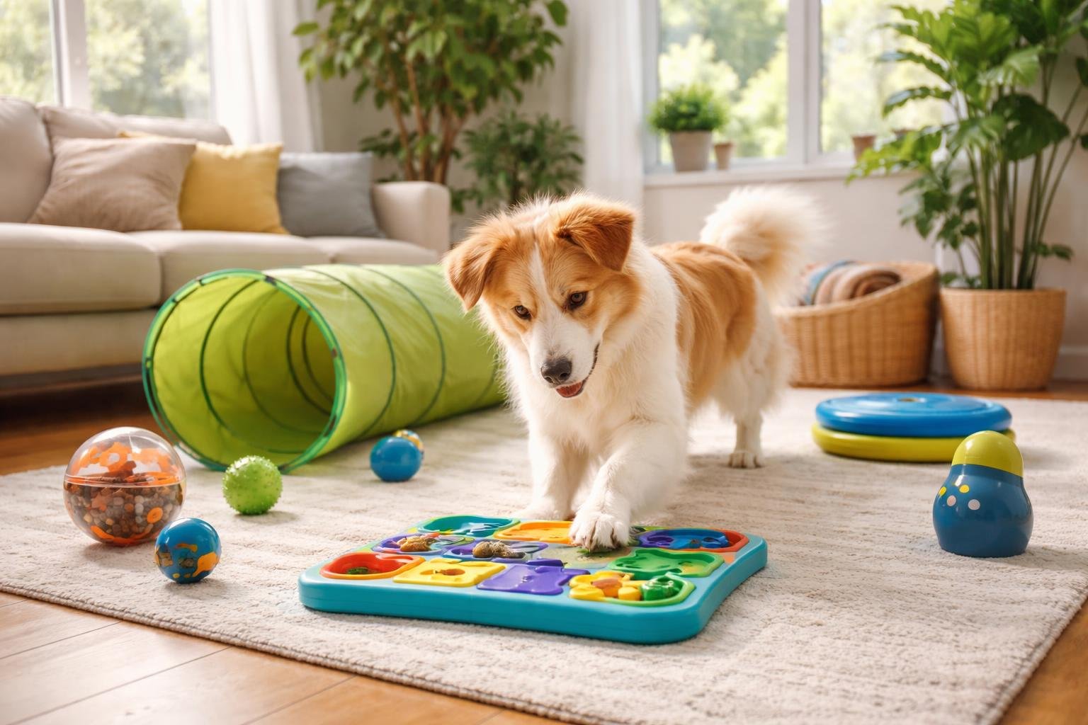 A dog playing with a puzzle toy on the floor in a bright living room surrounded by indoor dog exercise toys.