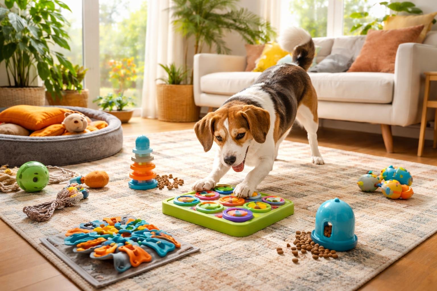 A dog playing with puzzle toys and treat dispensers in a bright, cozy living room.