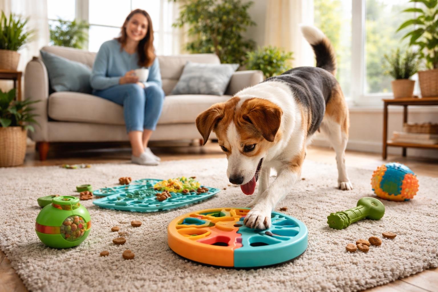 A medium-sized dog playing with interactive toys on a rug in a bright living room while a person watches nearby.