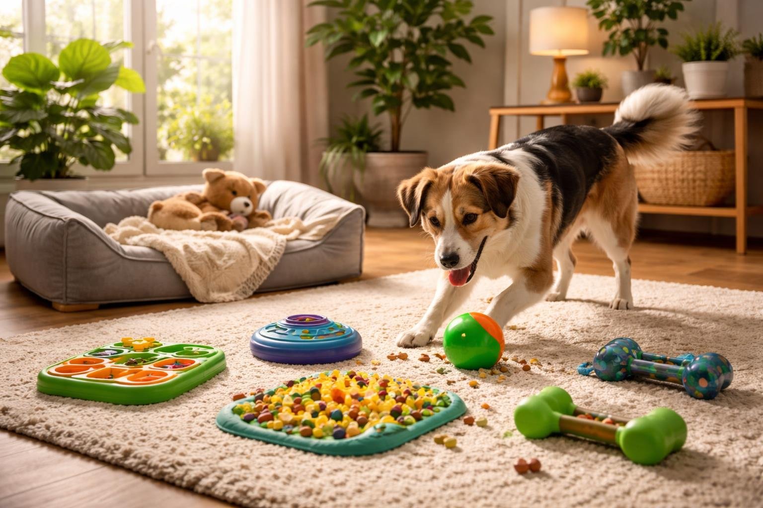 A dog playing with enrichment toys in a cozy indoor living room with natural light and comfortable furnishings.