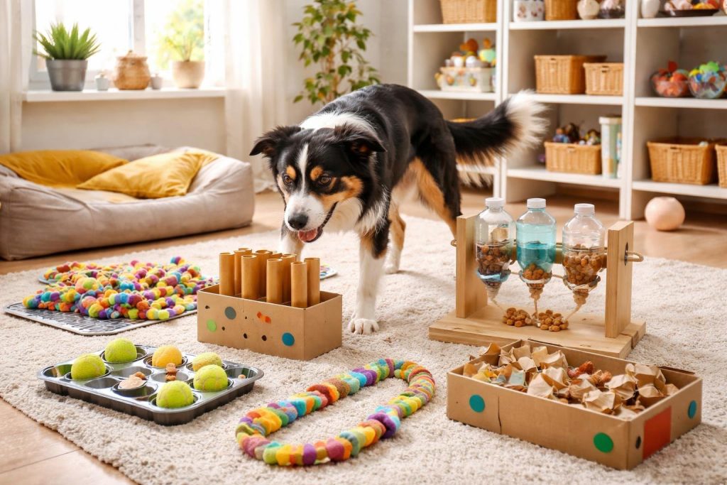 A dog playing with homemade toys and puzzles in a cozy indoor living room.