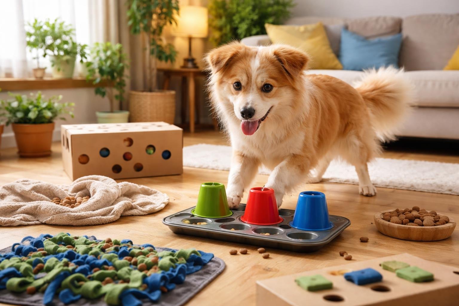 A dog playing with homemade puzzle toys and enrichment games in a cozy living room.