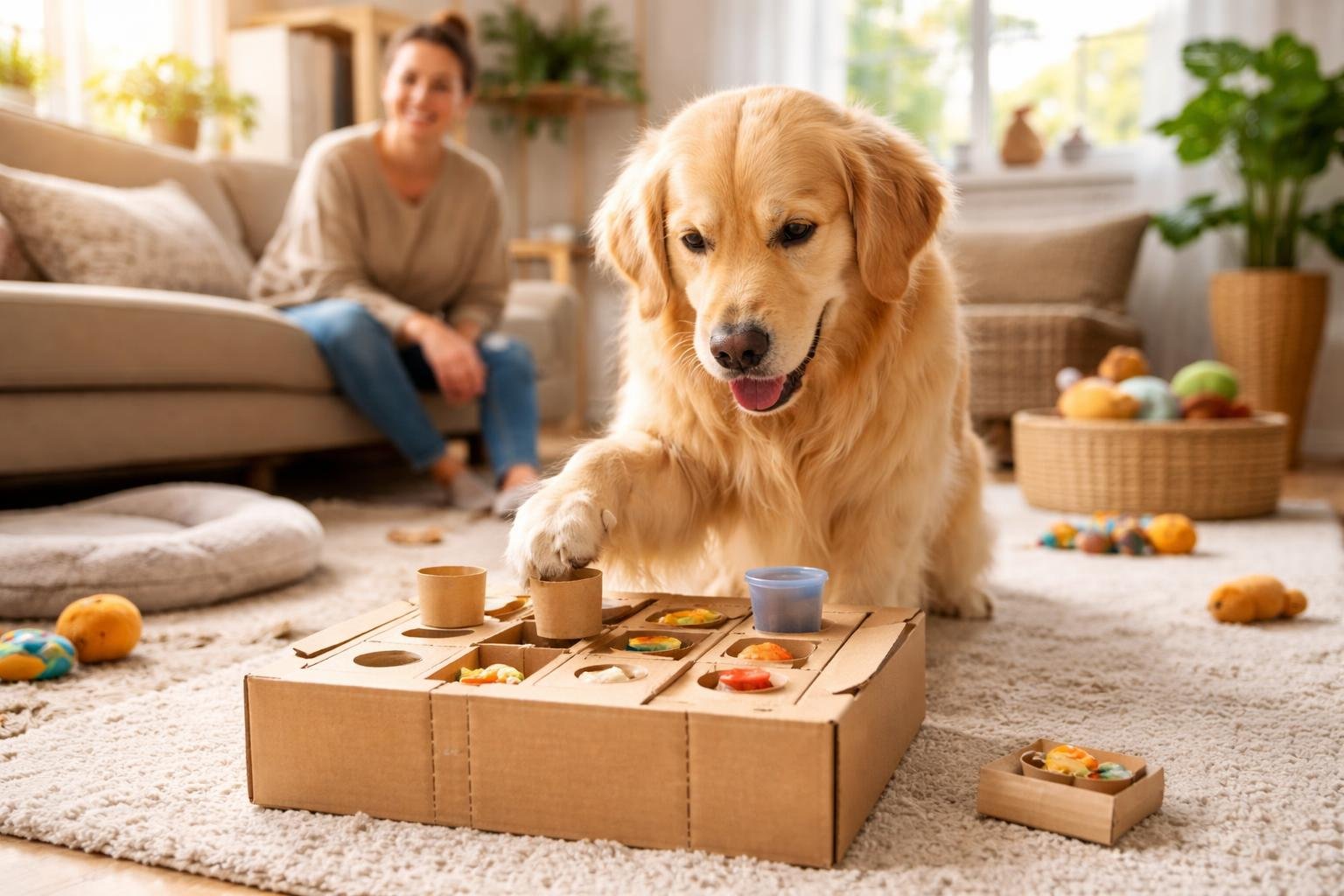A golden retriever playing with a homemade puzzle toy in a cozy living room while an adult watches nearby.