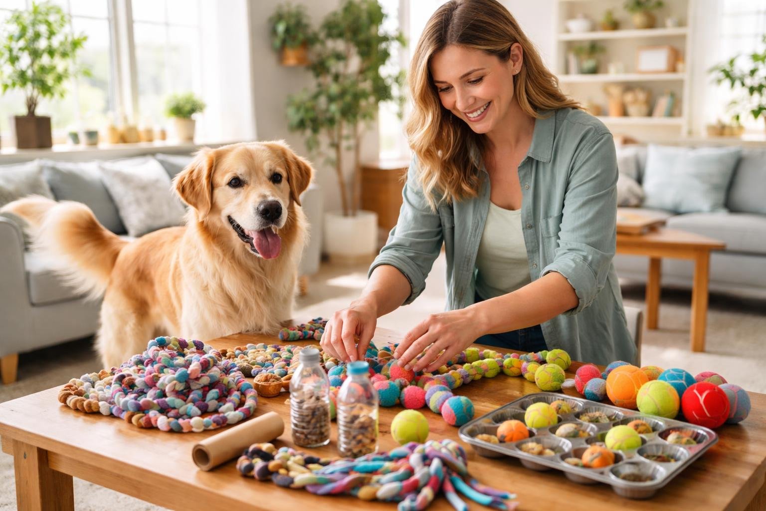 A person arranging homemade dog toys on a table while a happy dog watches in a bright living room.