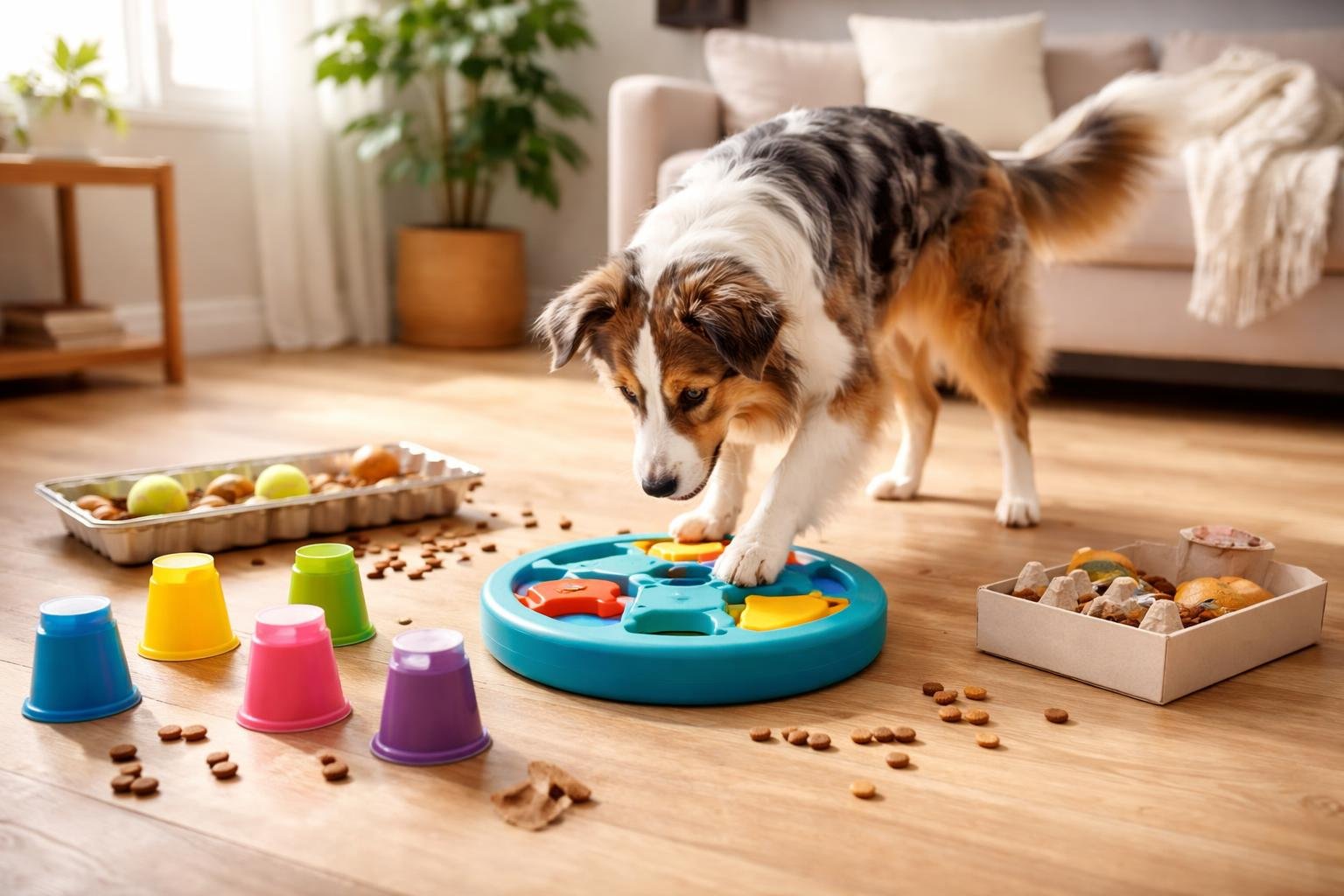A dog playing with a puzzle treat dispenser toy on the floor in a bright, cozy home environment.