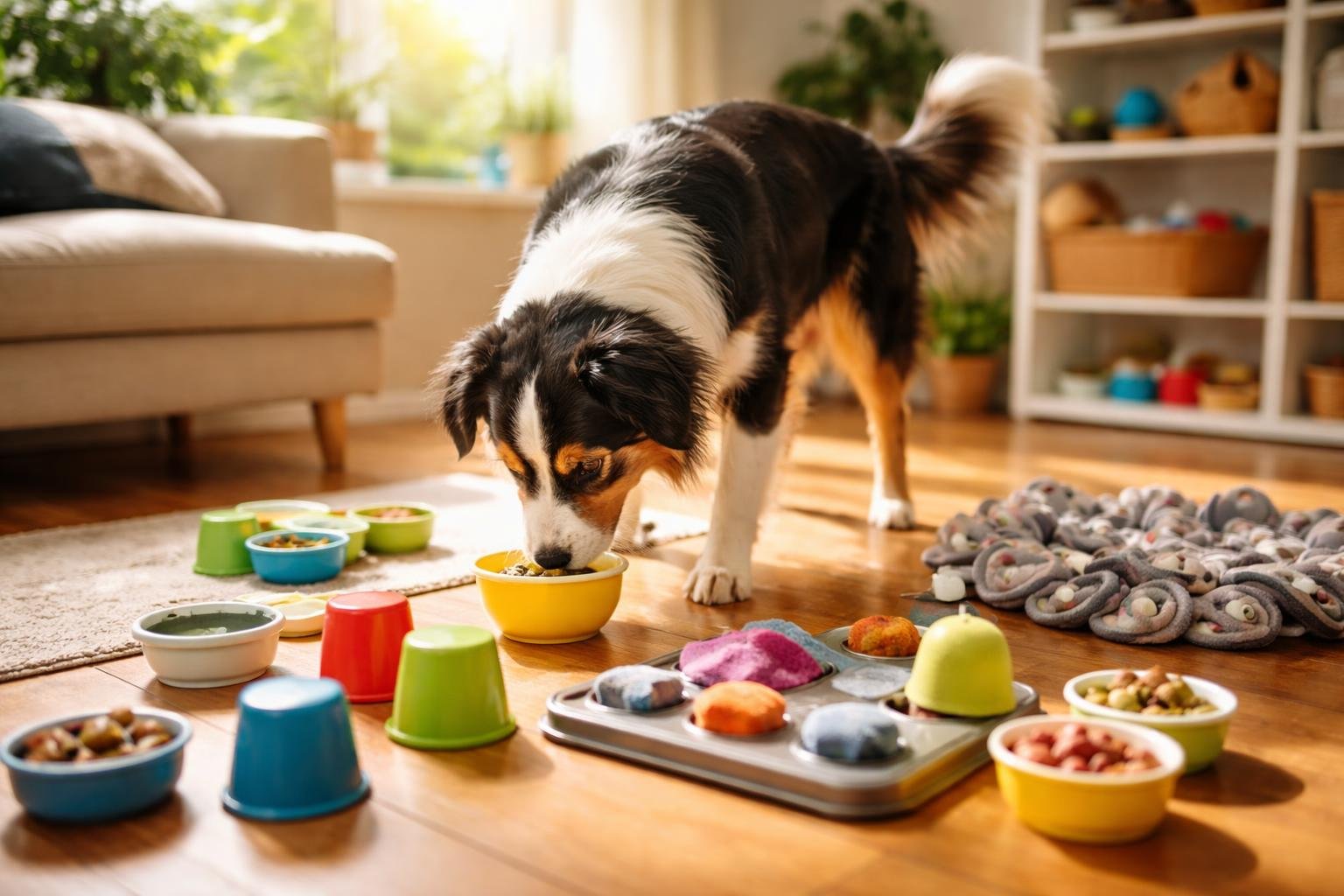 A dog sniffing small containers and toys on a wooden floor in a cozy room, engaged in scent-based enrichment games.