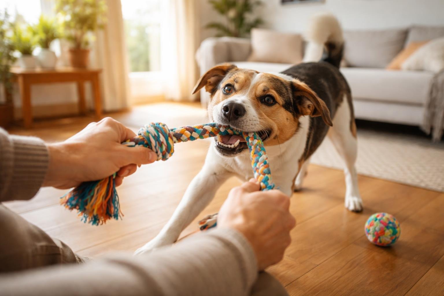 A dog playing tug-of-war with a person inside a bright living room.