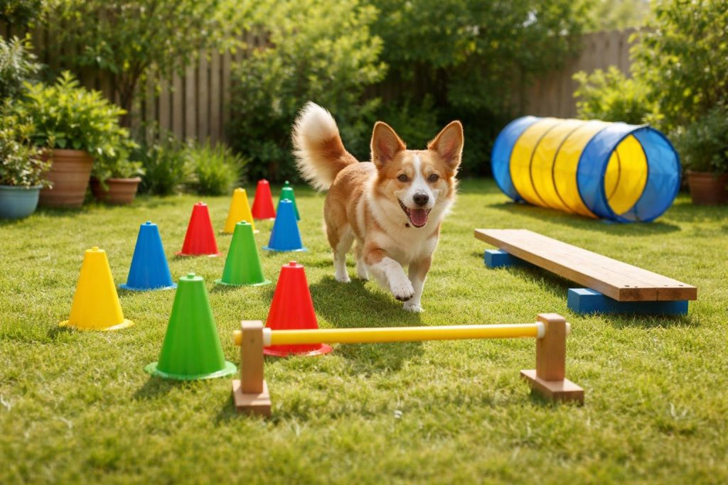 A dog running through a homemade backyard obstacle course with cones, a jump bar, tunnel, and balance beam.