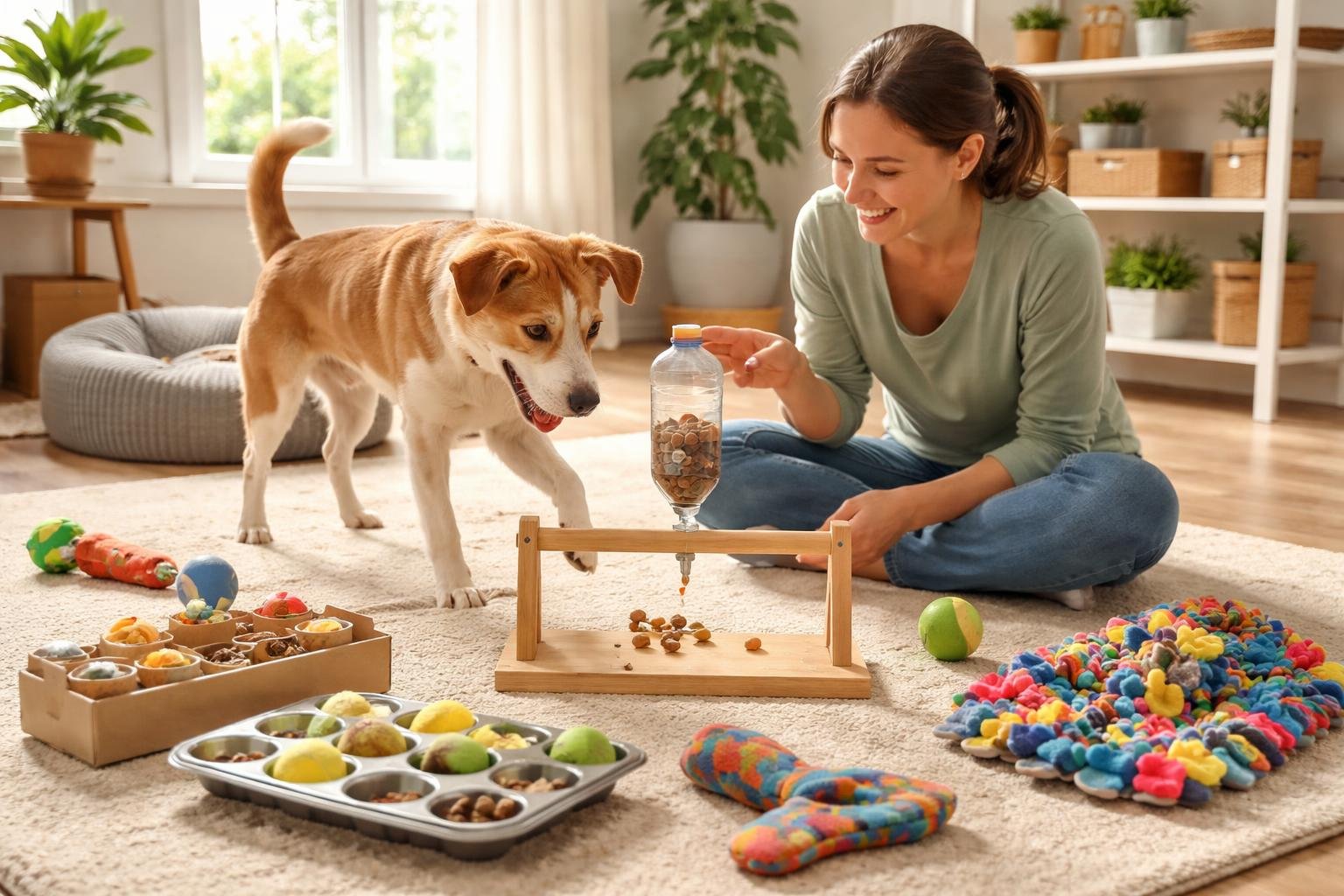 A person playing with a happy dog using homemade dog toys in a bright living room.