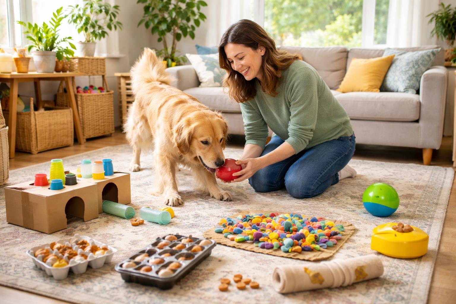 A person playing with a happy dog using homemade toys in a bright living room.