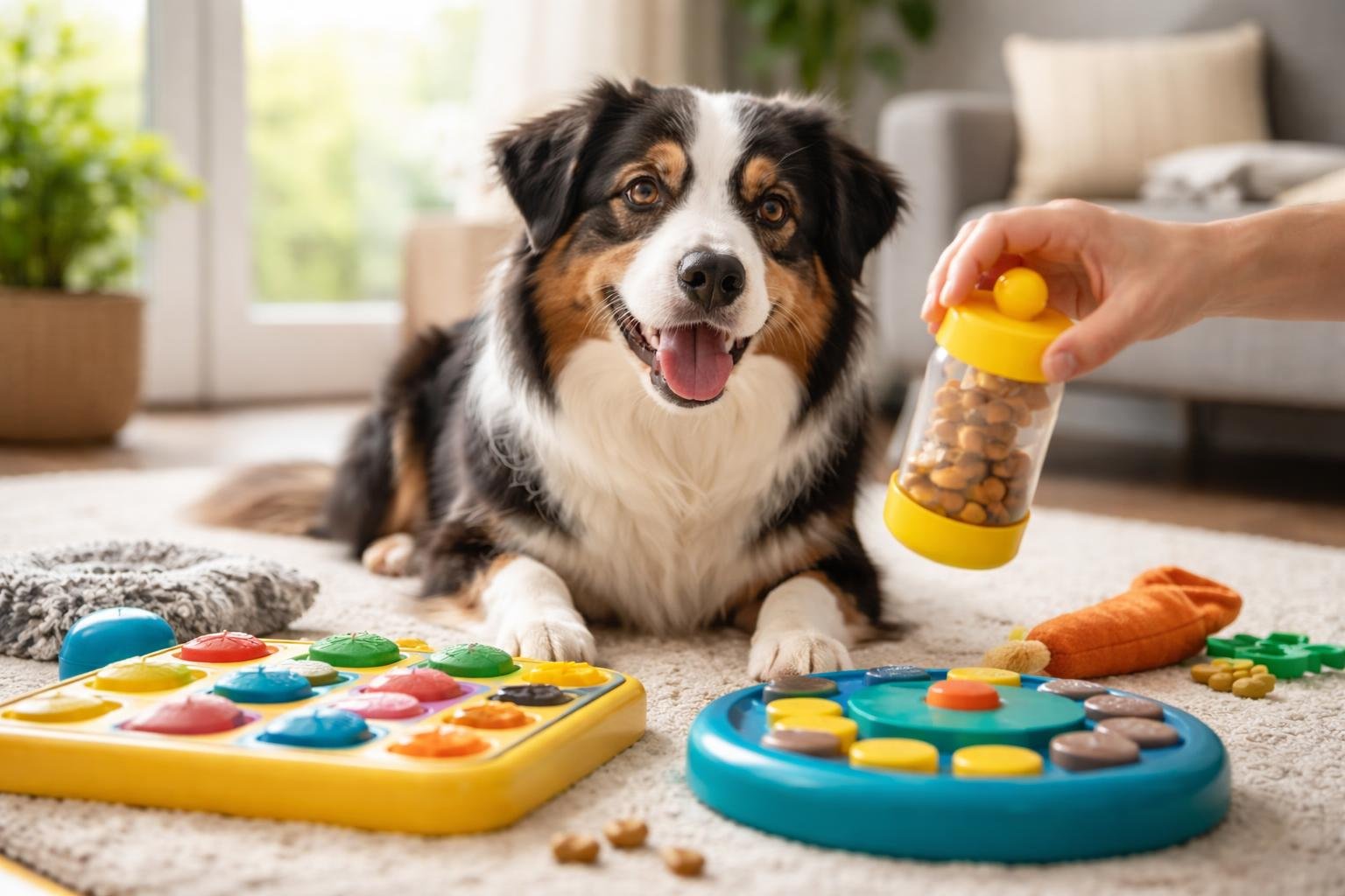 A dog focused on a puzzle toy held by a person in a cozy living room, surrounded by dog training toys.