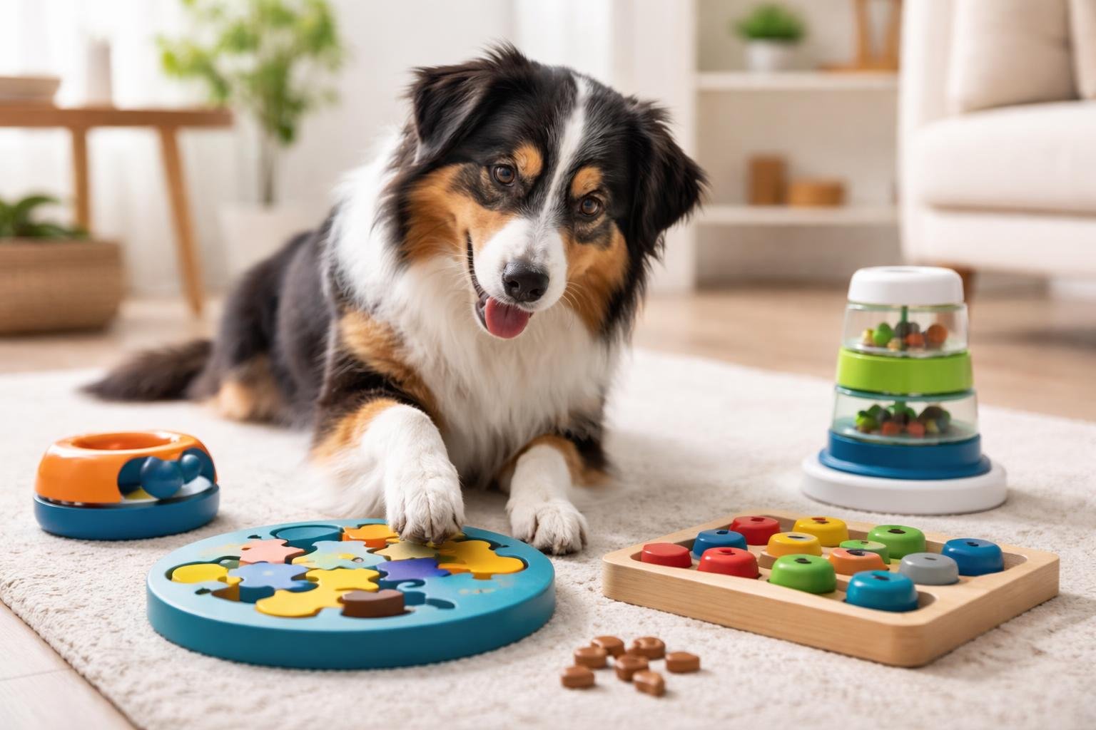 A dog playing with interactive puzzle toys indoors, appearing focused and calm.