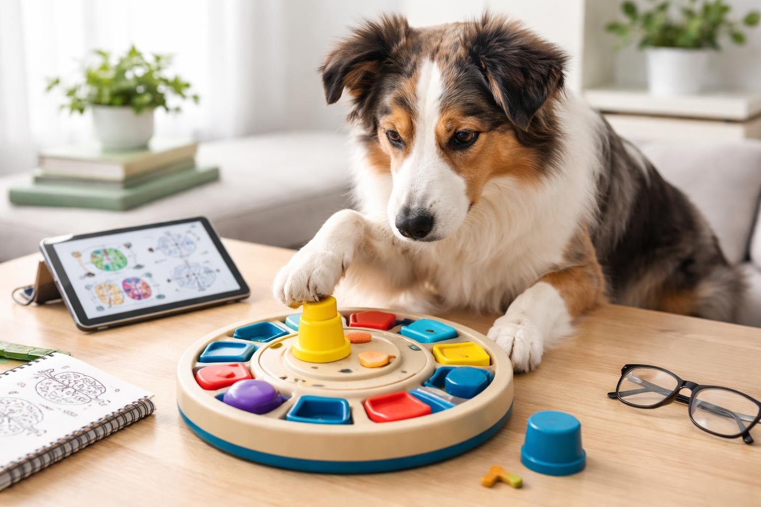 A calm dog focused on playing with a colorful brain game puzzle toy indoors.