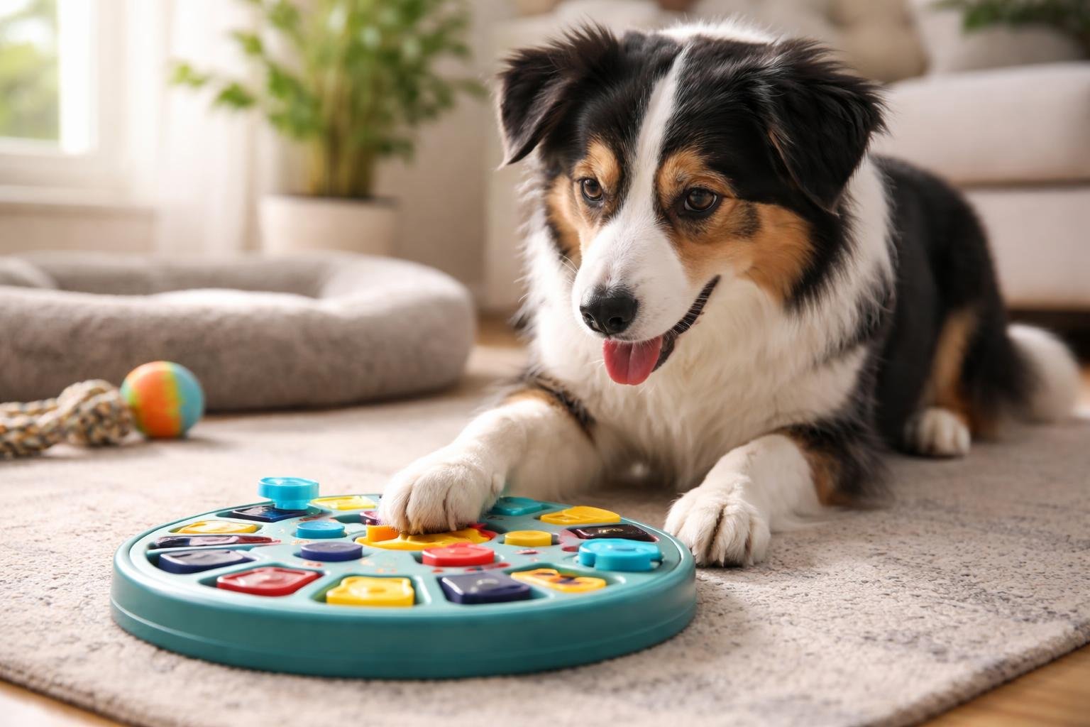 A dog playing with a puzzle toy on the floor in a bright living room.