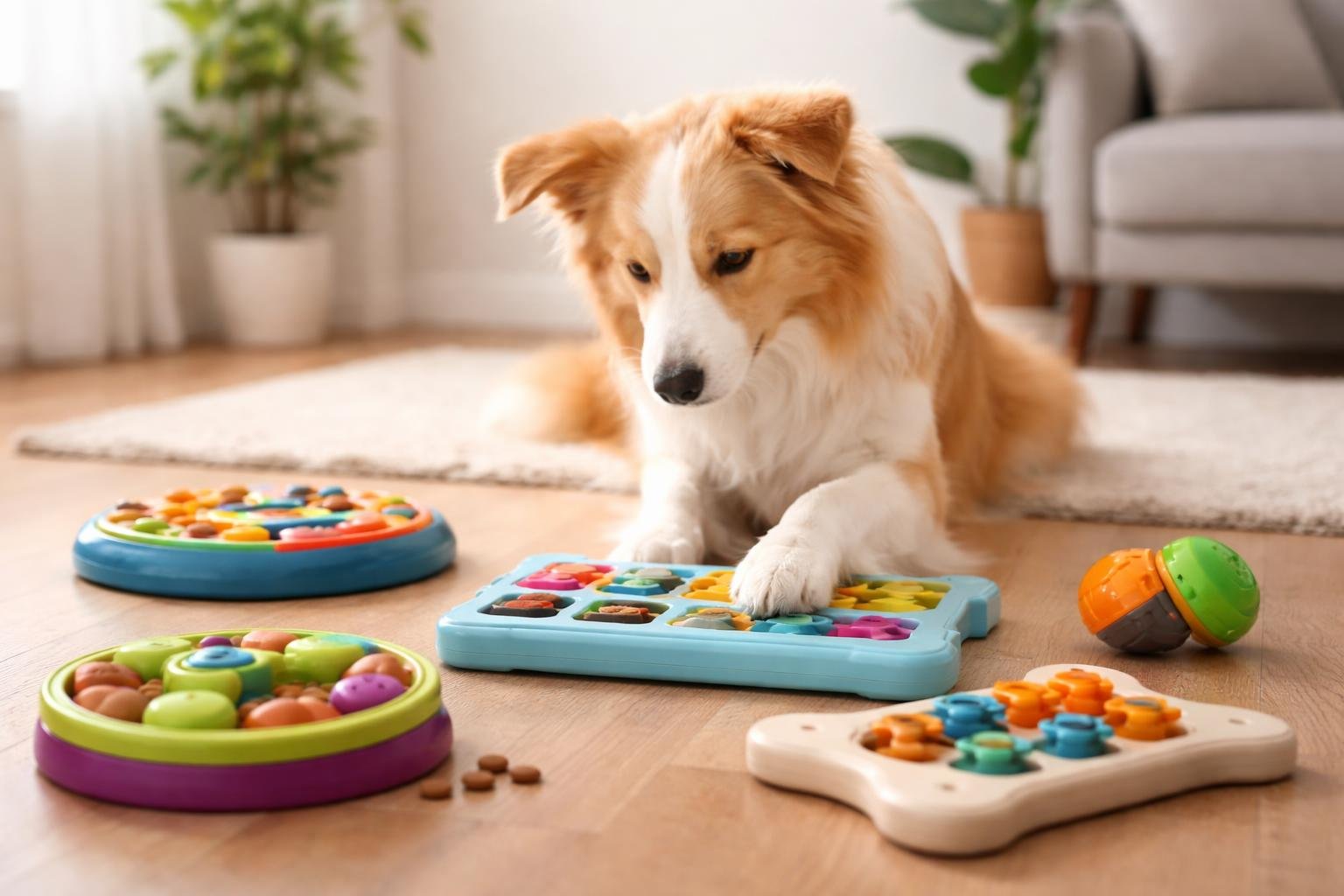 A calm dog playing with puzzle toys on a wooden floor in a cozy living room.