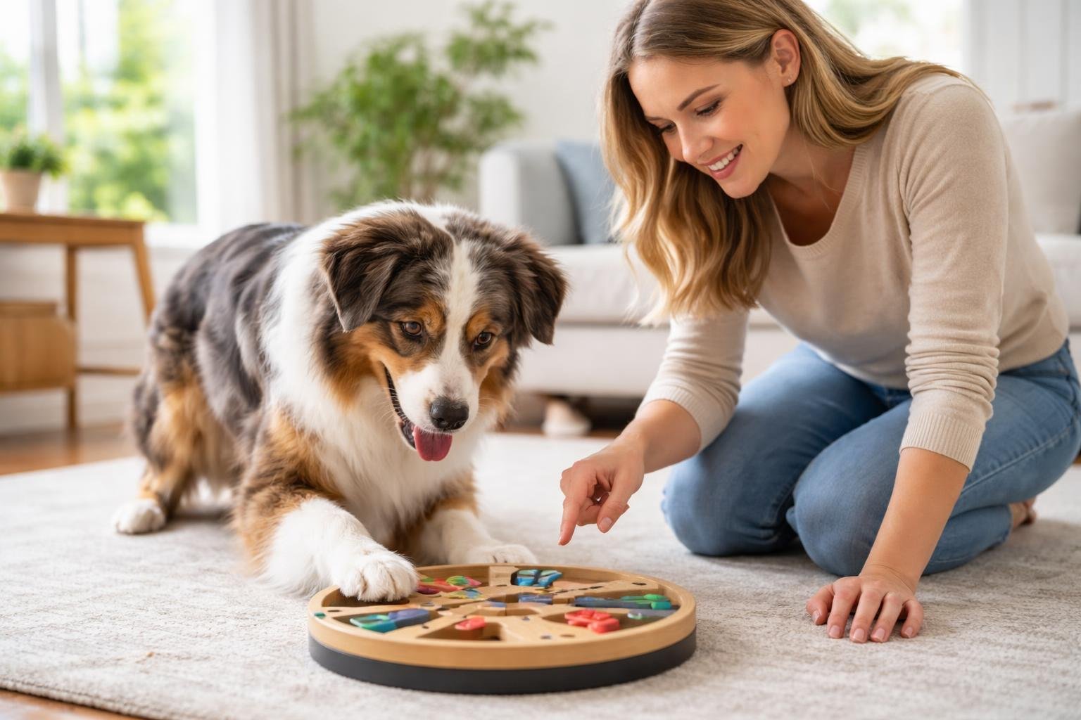 A dog and its owner playing with a puzzle toy together in a bright living room.