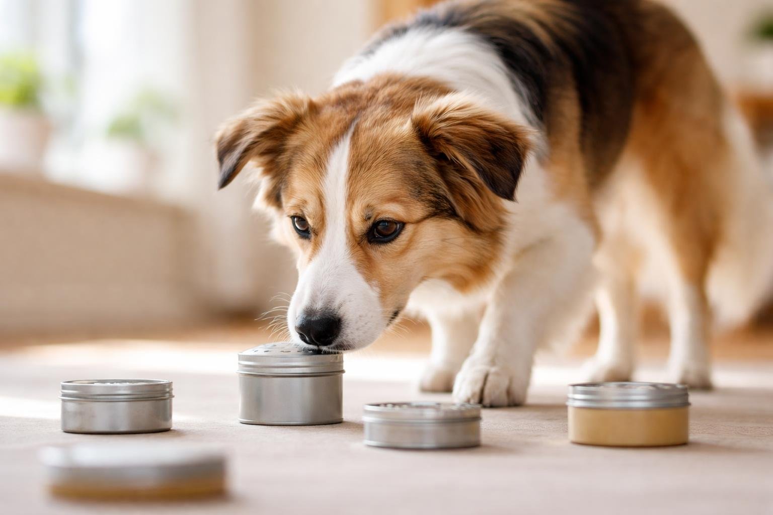 A calm dog sniffing scent containers indoors, engaged in a brain game for relaxation.