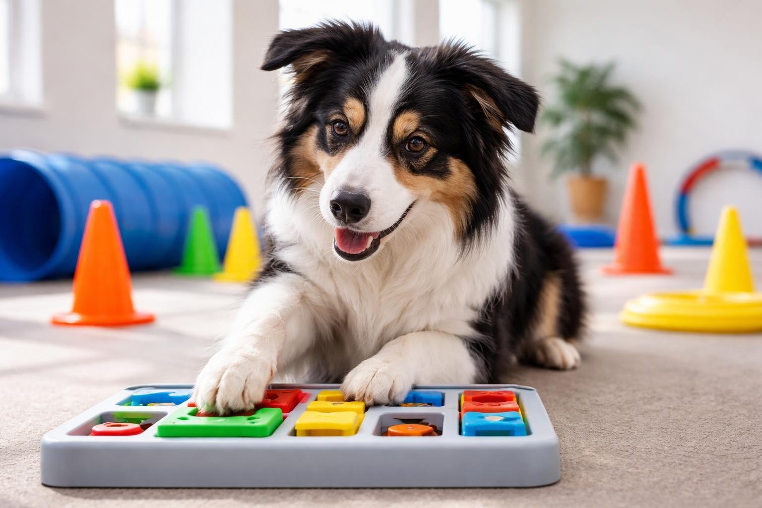 A dog playing with a puzzle toy in a bright training area, actively engaged and focused.