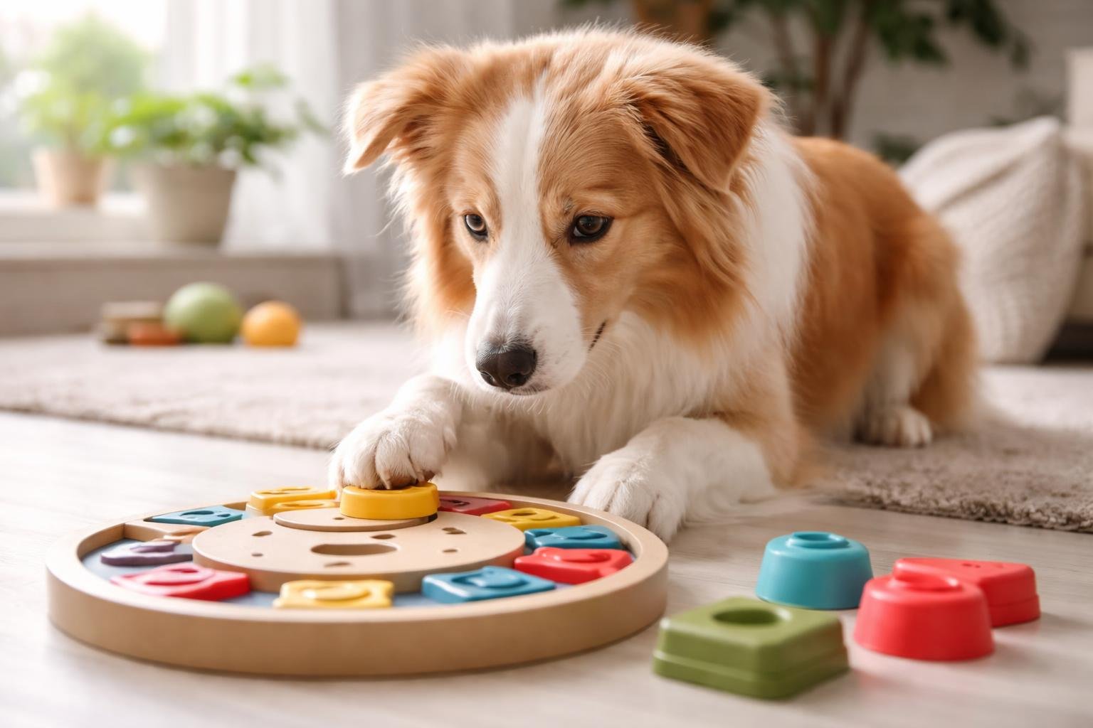 A calm dog focused on playing with interactive puzzle toys indoors.