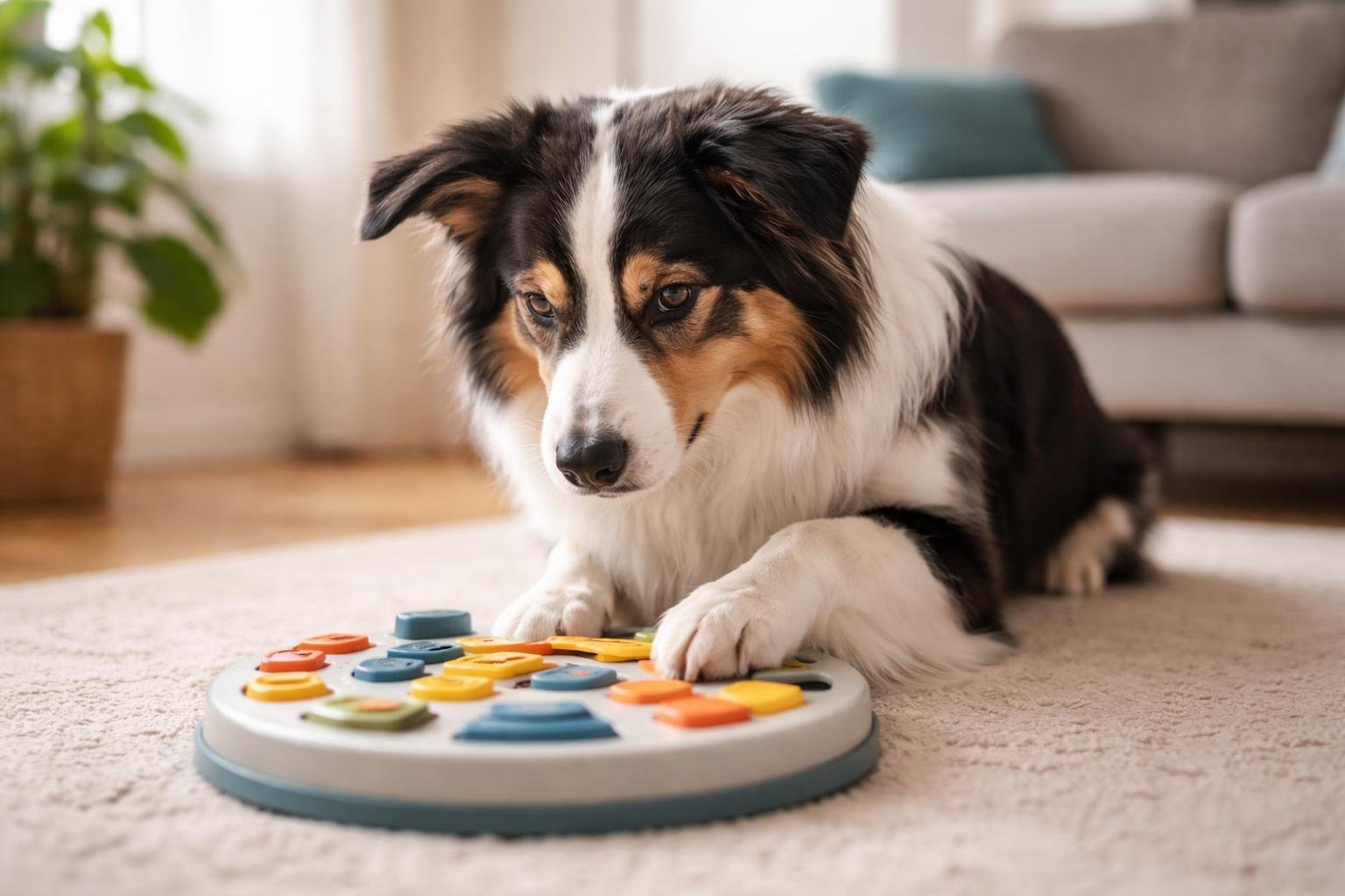 A calm dog focused on solving a puzzle toy in a cozy living room.