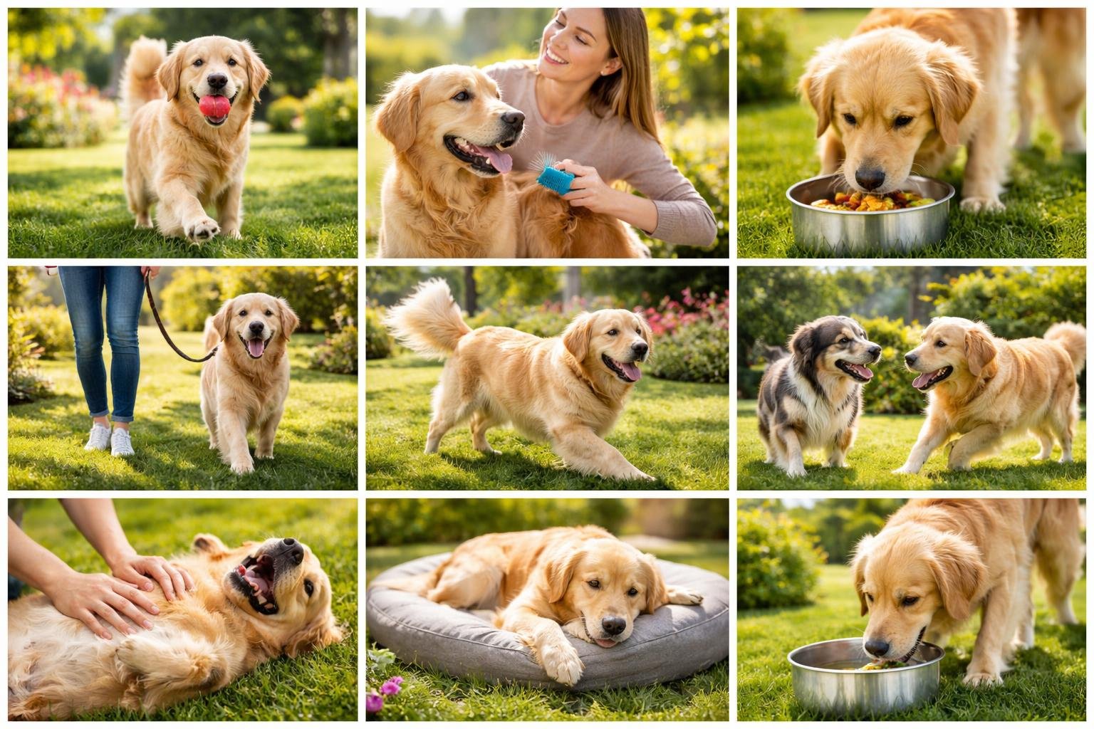A happy golden retriever dog enjoying various activities like playing fetch, being brushed, eating, walking on a leash, resting, and interacting with its owner in a sunny backyard.