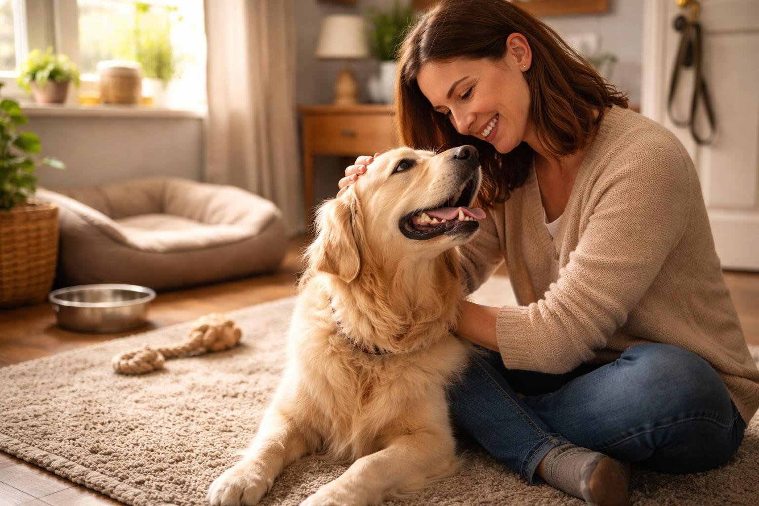 A person gently petting a happy golden retriever sitting on a rug in a sunlit living room.