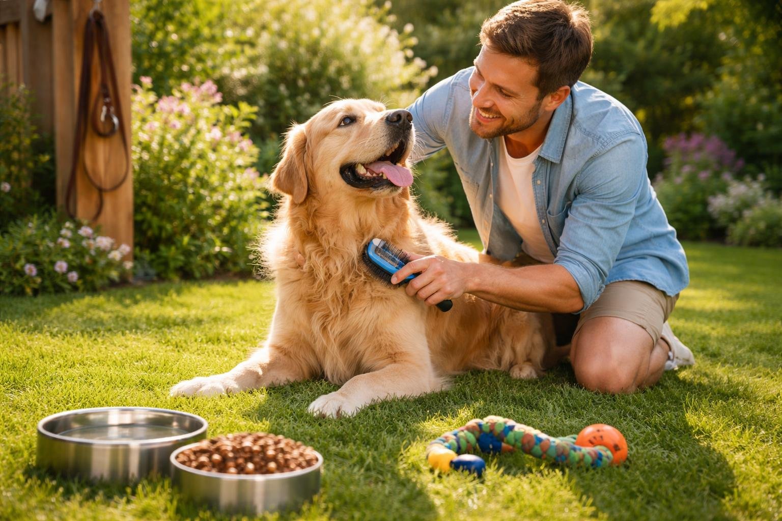 A happy golden retriever being brushed by its owner in a sunny backyard with dog toys and bowls nearby.