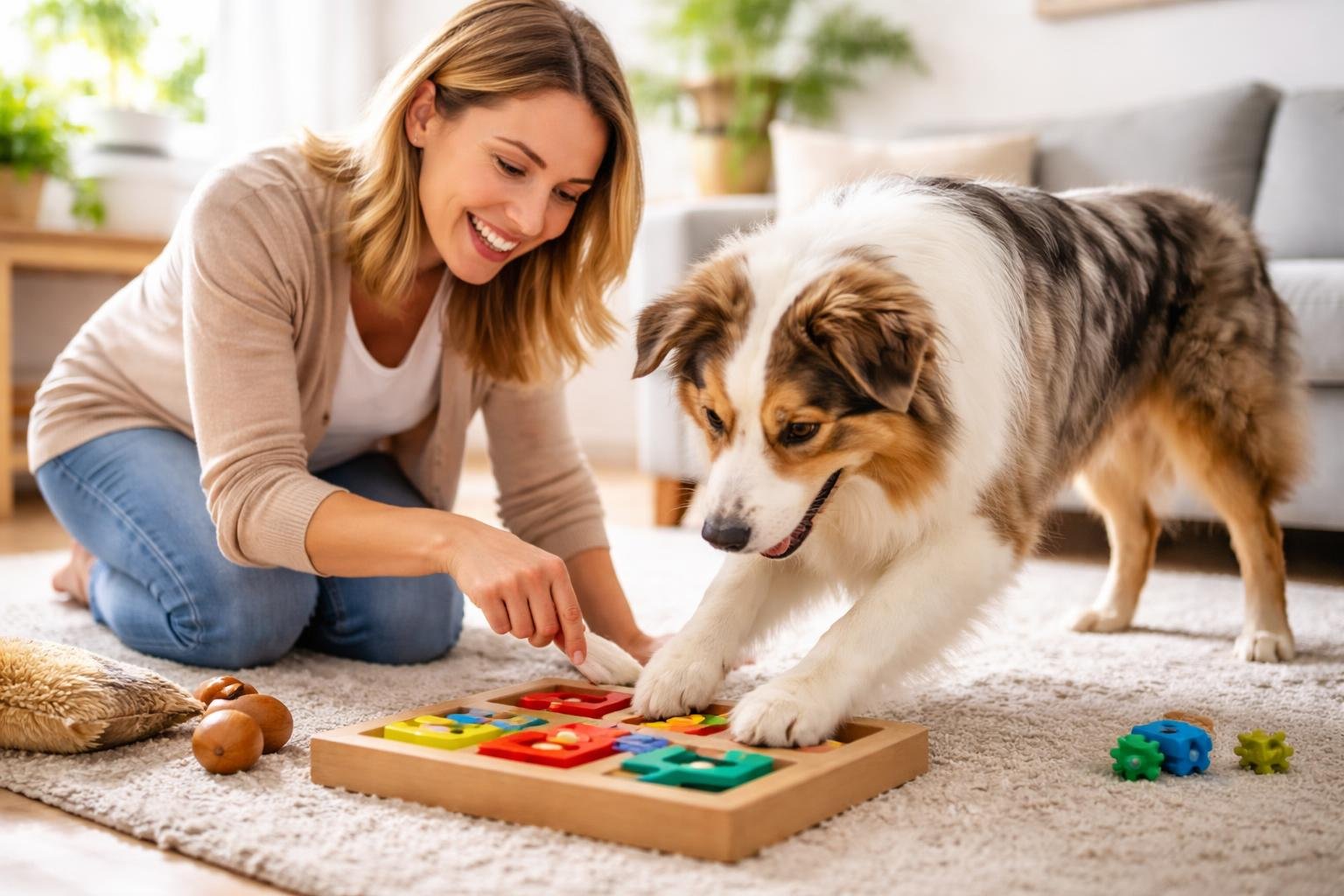 A happy dog and its owner playing together in a cozy living room, with toys and natural light around them.