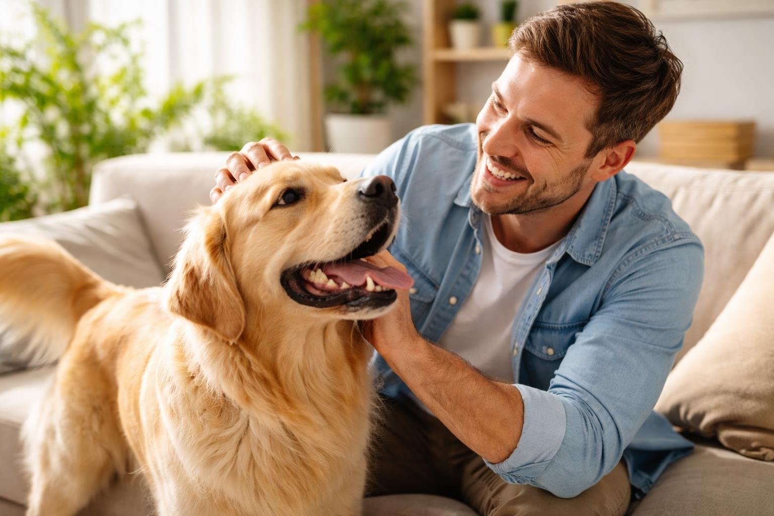 A person happily petting a golden retriever in a sunlit living room.