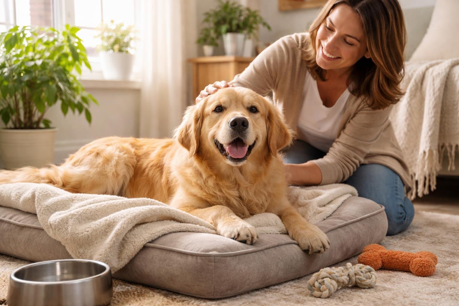 A golden retriever lying on a cozy dog bed indoors while a person gently pets it in a sunlit room.