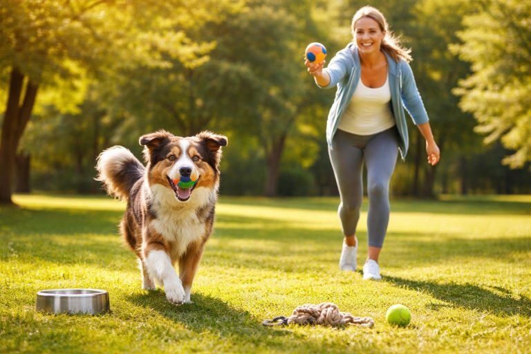 A person playing fetch with a happy dog in a sunny park surrounded by green grass and trees.