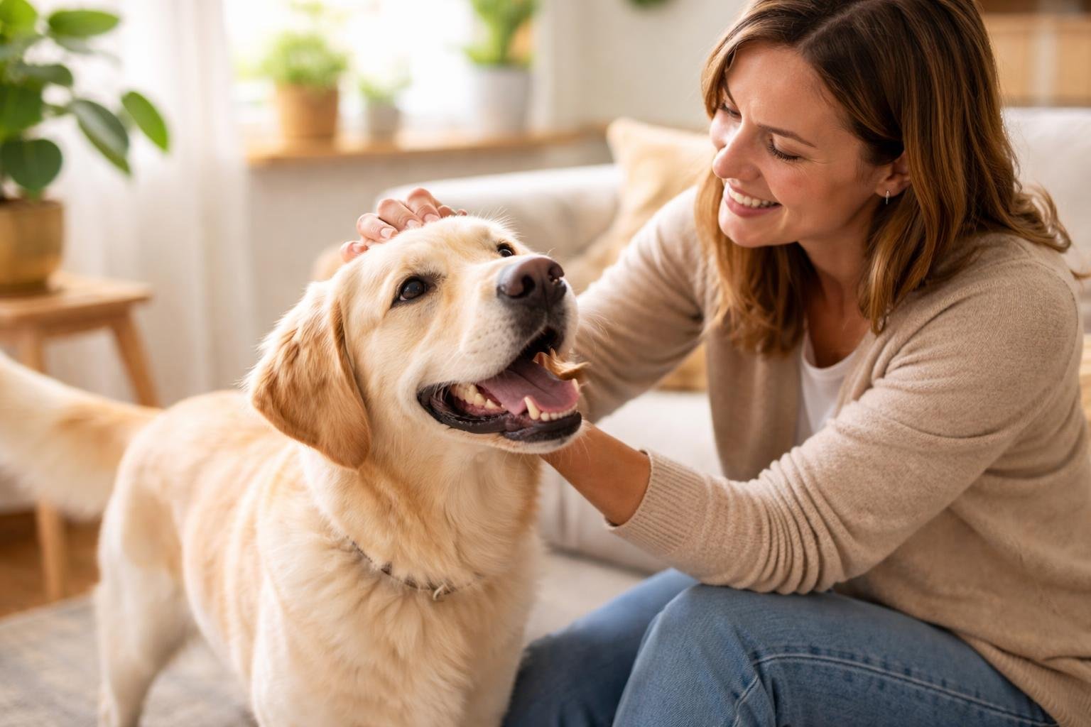 A person smiling and gently petting a happy dog inside a bright, cozy home.