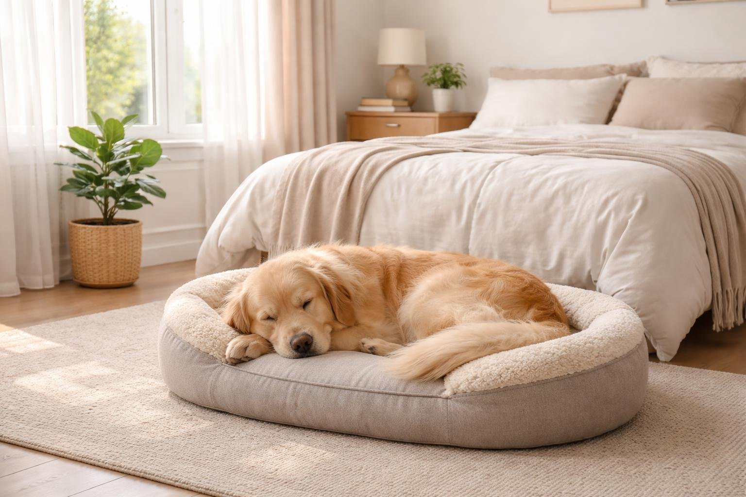 A golden retriever sleeping peacefully on a dog bed in a bright, cozy bedroom with natural light coming through a window.