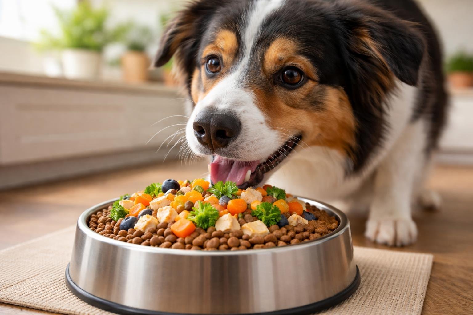 A happy dog eating kibble topped with fresh food from a bowl in a kitchen.