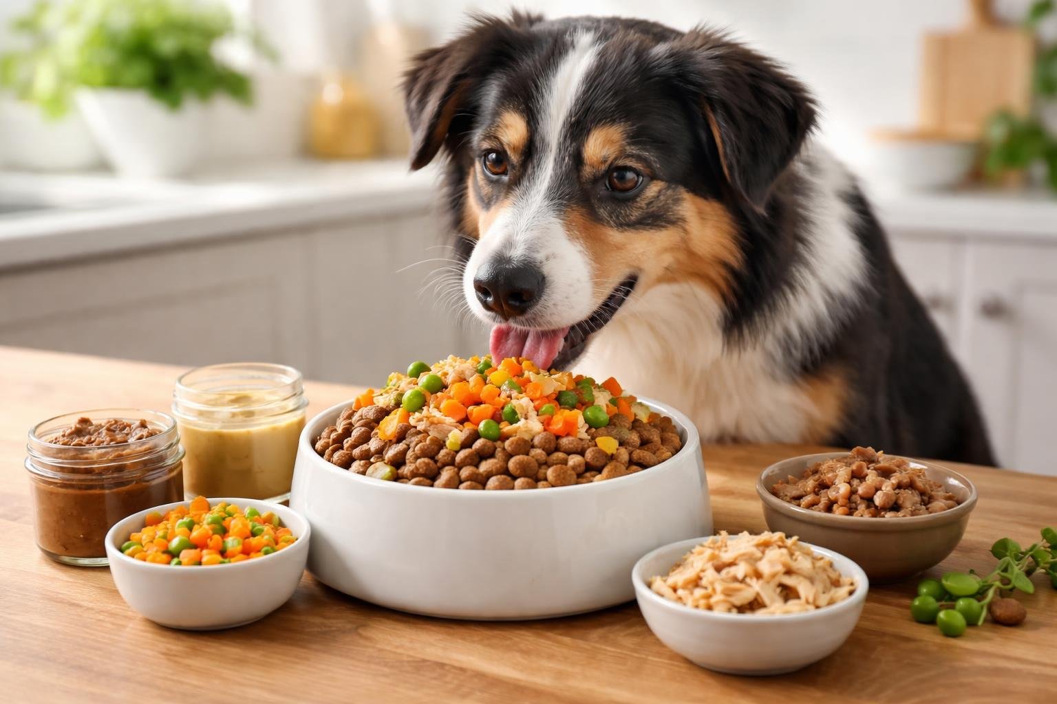 A happy medium-sized dog eating kibble topped with meal enhancers in a bright kitchen with containers of food toppers nearby.