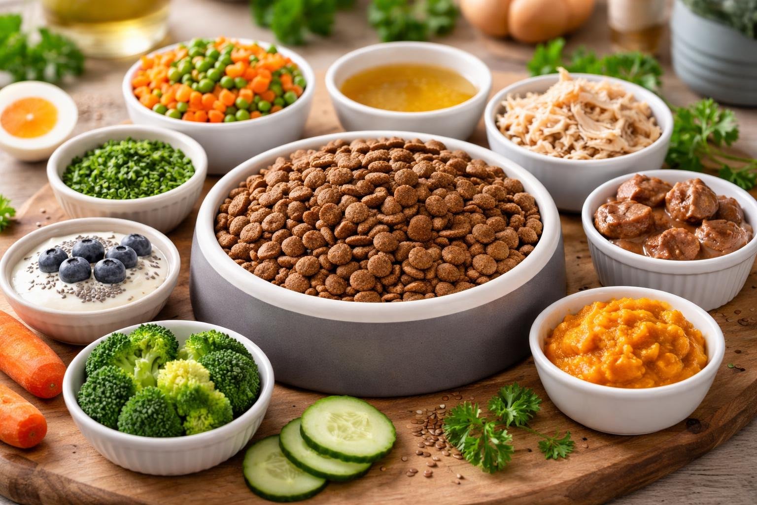 A bowl of dry dog kibble surrounded by small bowls of various kibble toppers like vegetables, shredded chicken, wet food, and herbs on a wooden table.