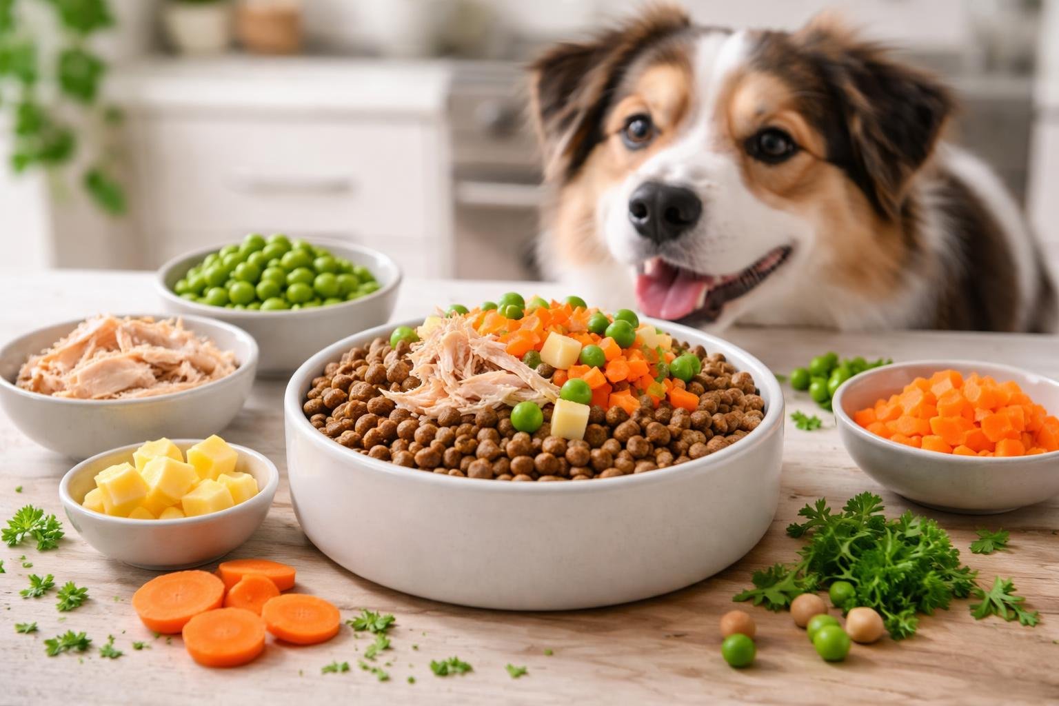 A bowl of dry dog food surrounded by fresh kibble toppers like chopped carrots, peas, shredded chicken, and cheese with a dog nearby in a kitchen setting.