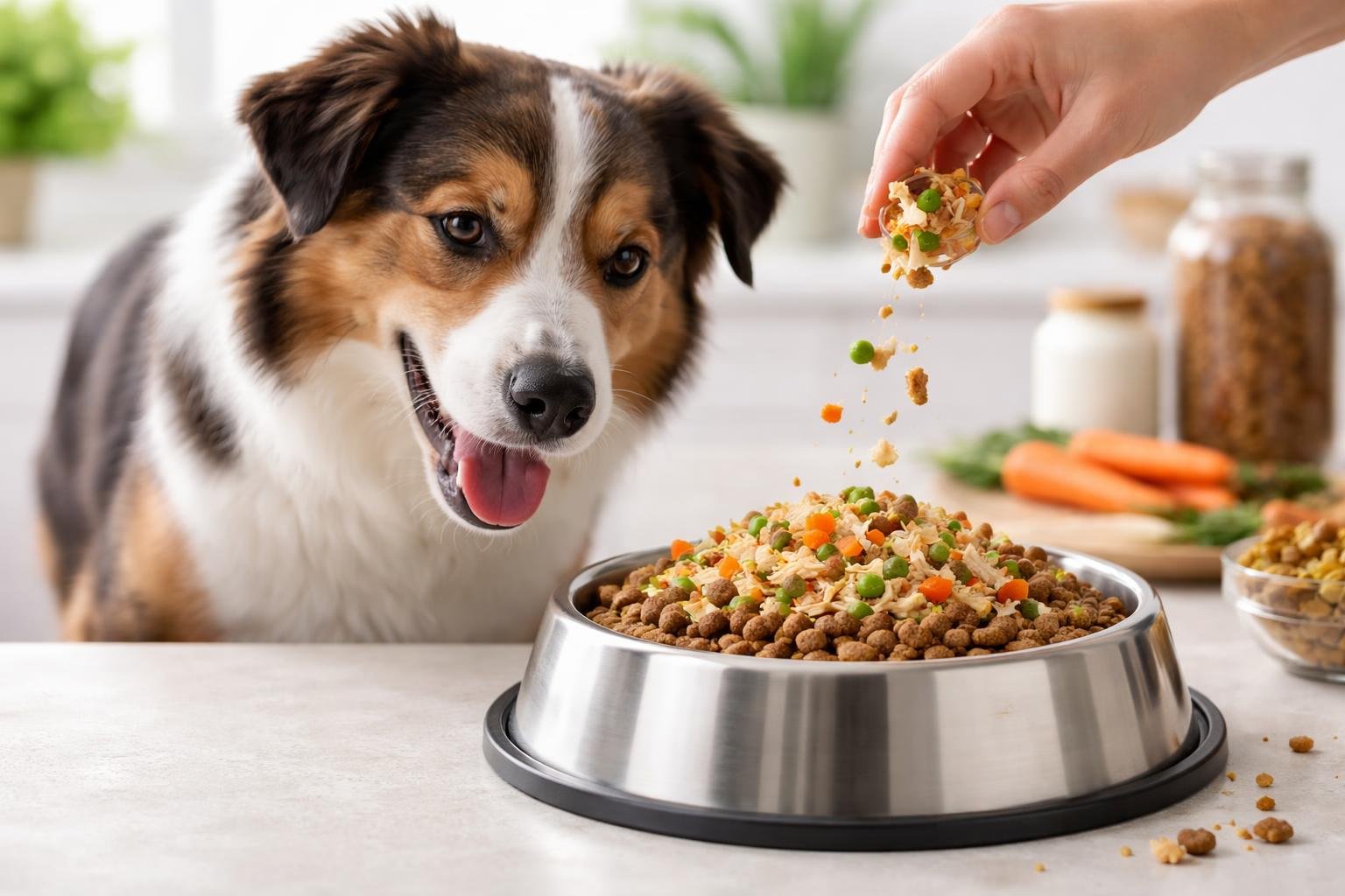 A dog eating kibble with a colorful topper added to the food bowl in a bright kitchen.