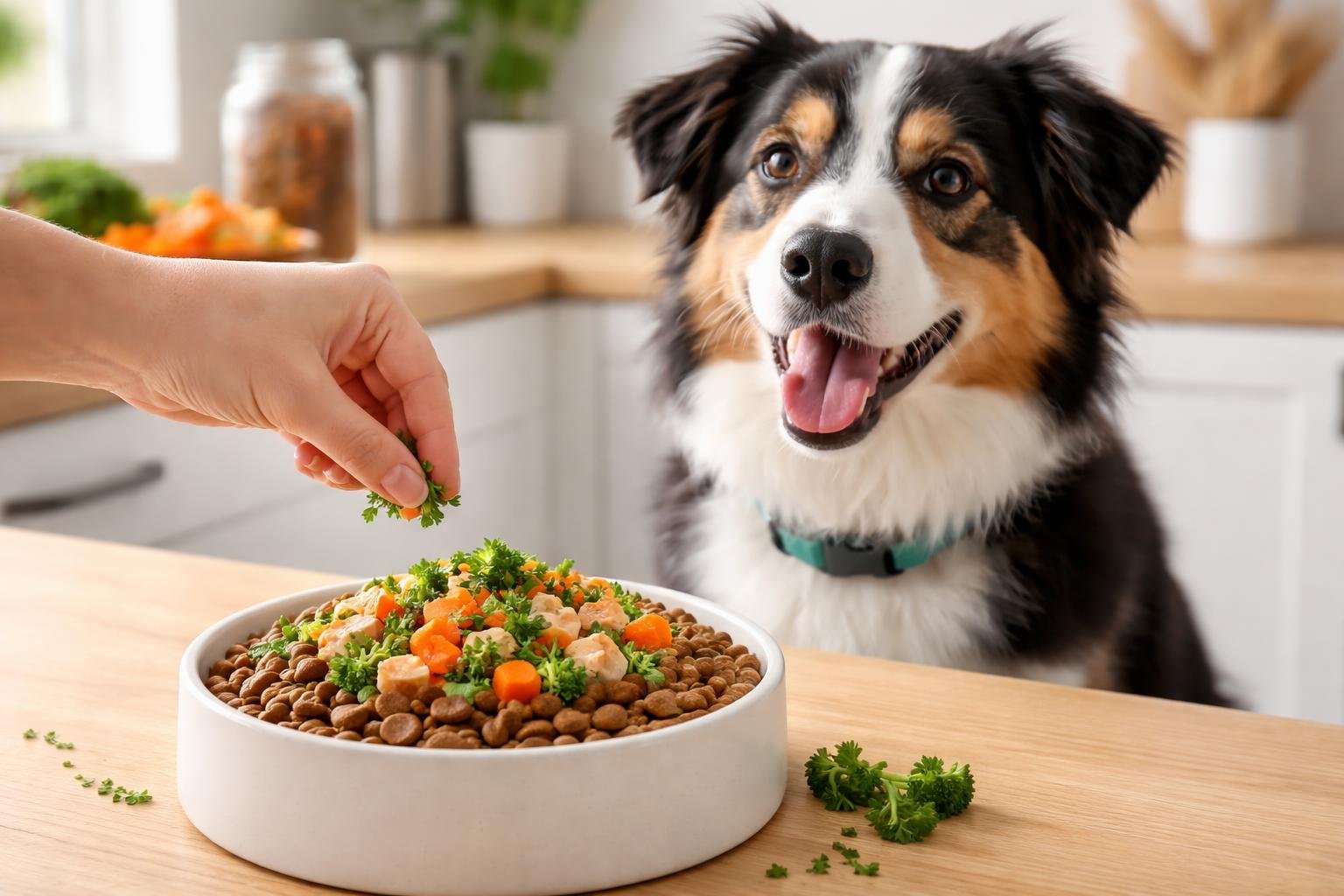 A dog eating kibble topped with fresh ingredients while a person sprinkles food into the bowl in a bright kitchen.