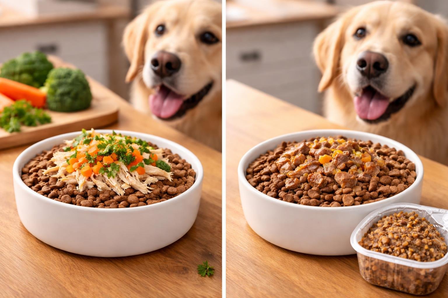 A dog looking at two bowls of dry kibble topped with homemade ingredients and store-bought kibble toppers on a wooden table.