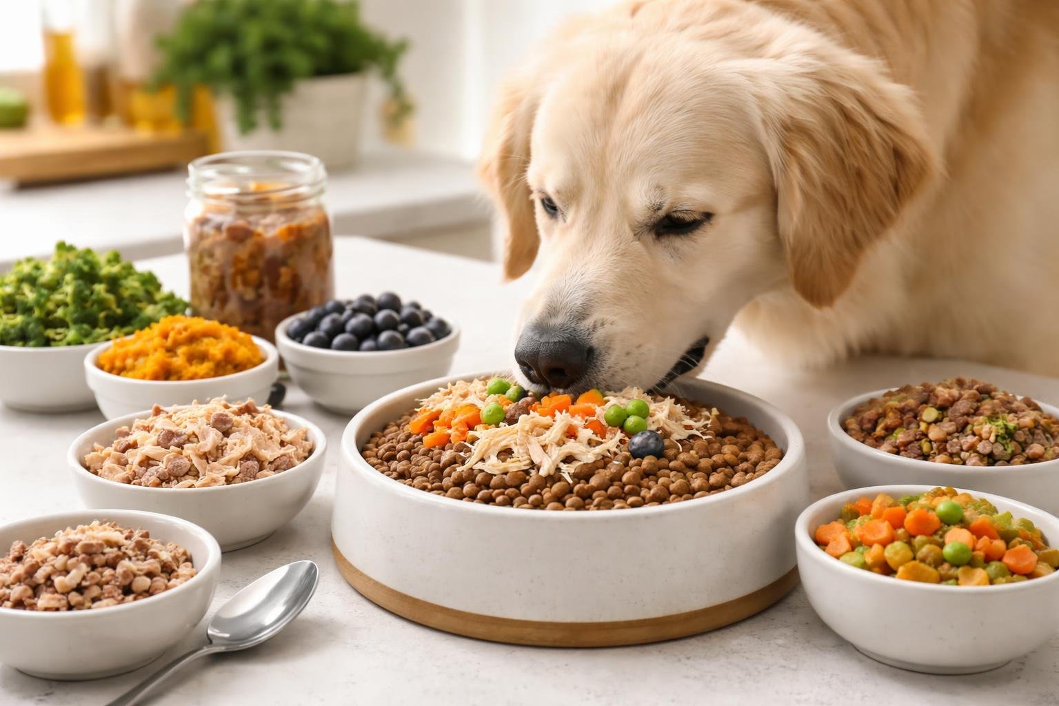 A happy dog eating dry kibble topped with fresh food on a kitchen countertop surrounded by small bowls of kibble toppers.