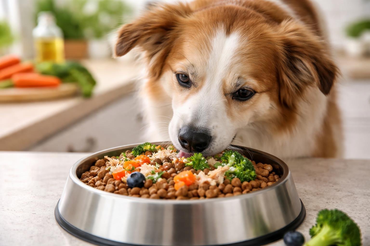 A happy dog eating kibble topped with fresh food from a bowl in a bright kitchen.