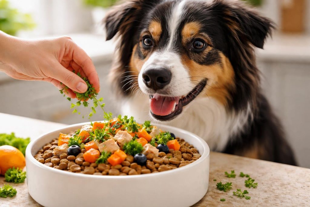 A healthy dog eating kibble with colorful food toppers from a bowl while a person's hand adds the toppers.
