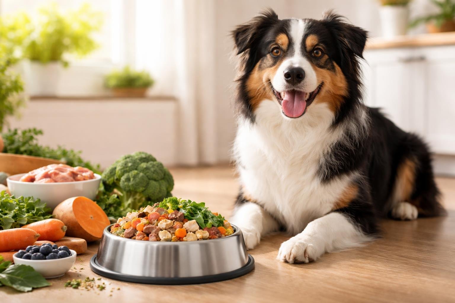 A happy dog sitting next to a bowl of fresh dog food in a bright kitchen.