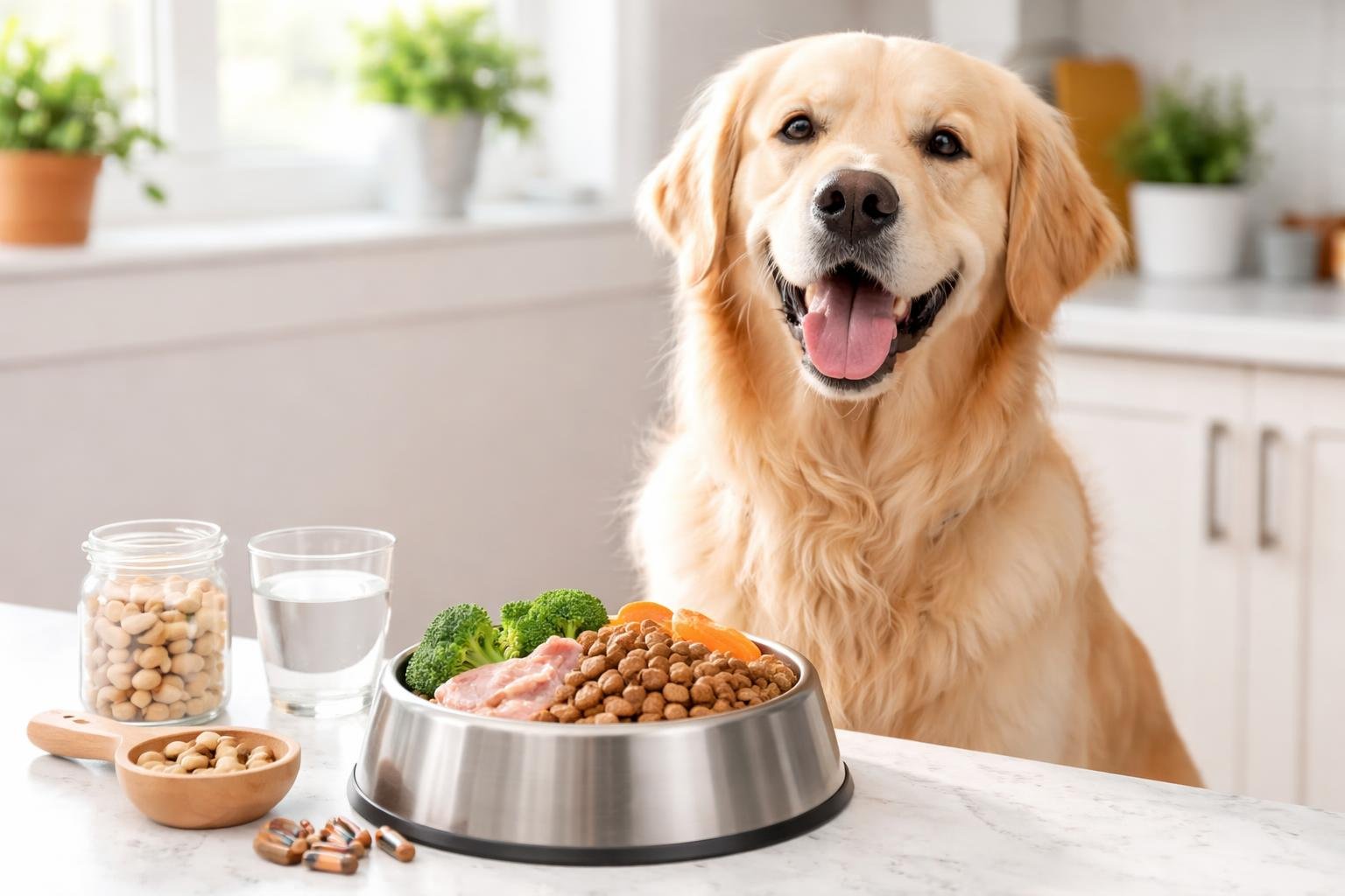 A happy golden retriever sitting in a bright kitchen next to a bowl of dog food and fresh water.
