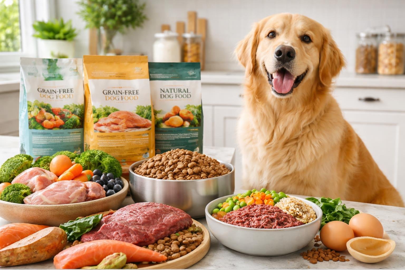 A happy golden retriever sitting next to bowls of nutritious dog food and fresh ingredients in a bright kitchen.