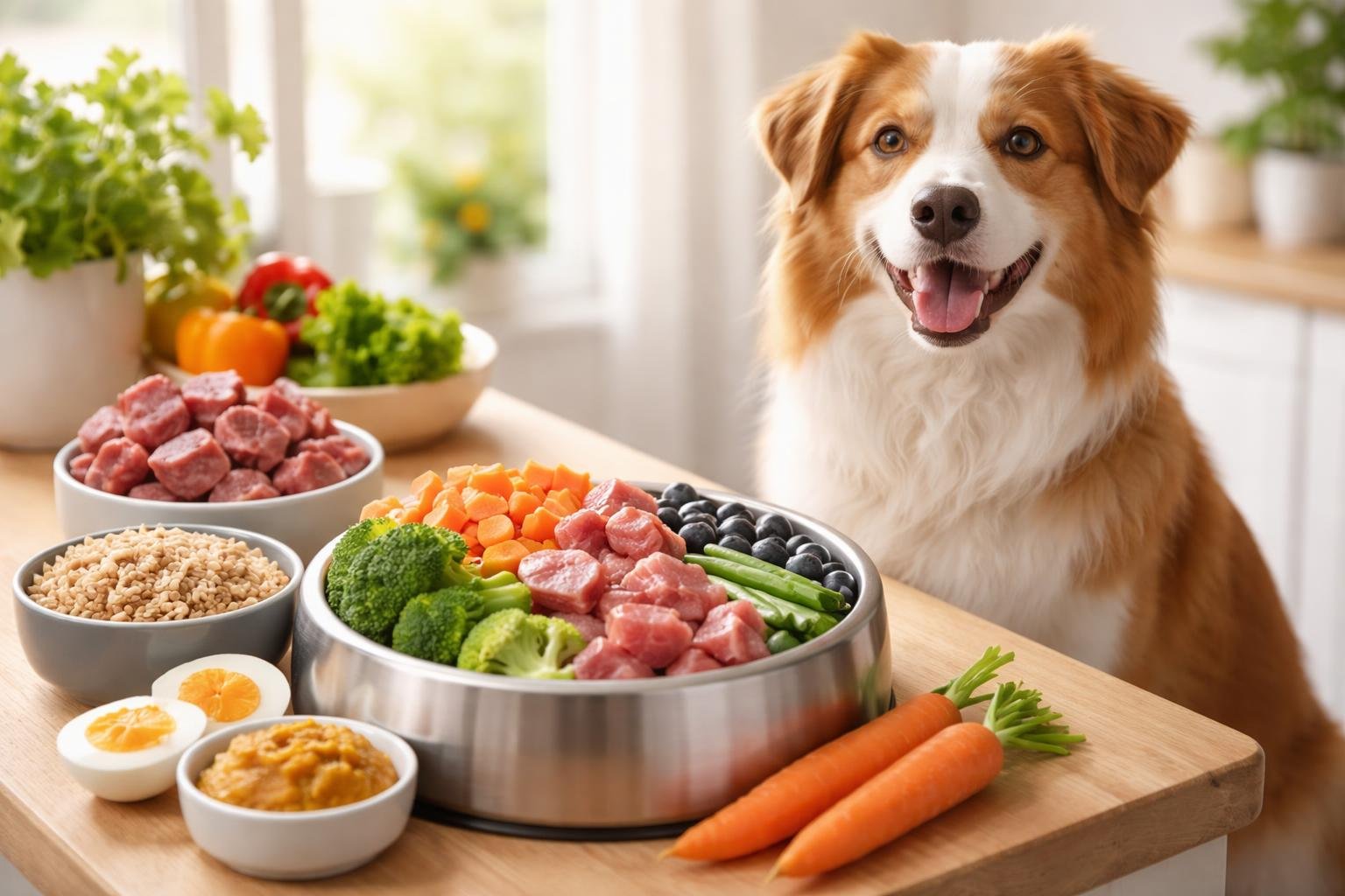 A happy dog sitting next to bowls of fresh, balanced dog food on a wooden table in a bright kitchen.
