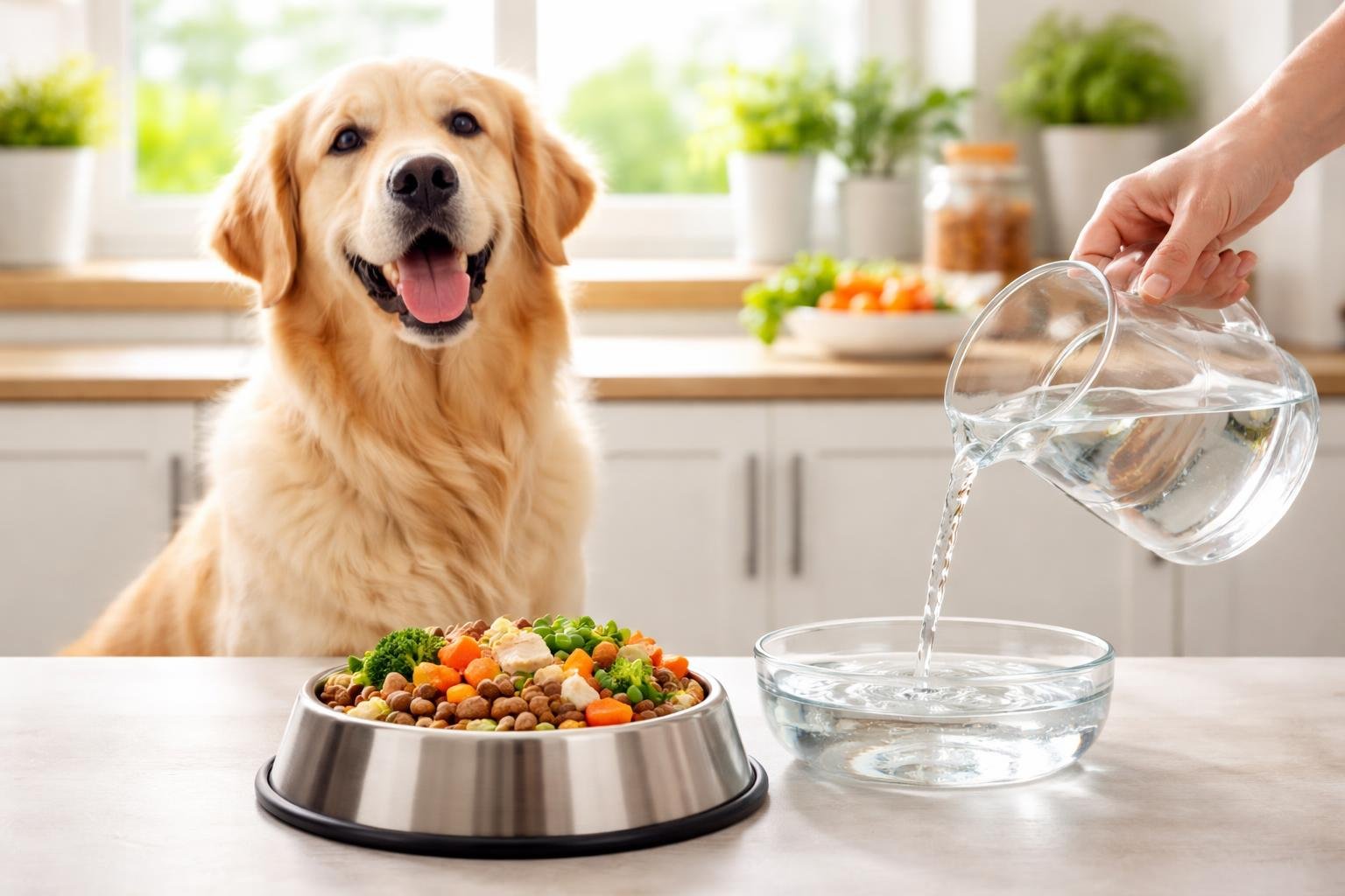A golden retriever sitting next to a bowl of nutritious dog food in a bright kitchen while a person pours water into a bowl.