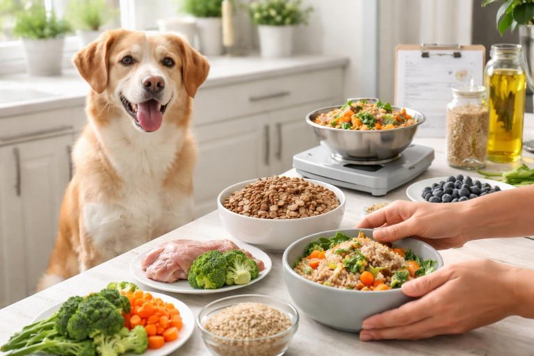A healthy dog sitting in a kitchen while a person prepares a nutritious meal with fresh ingredients nearby.